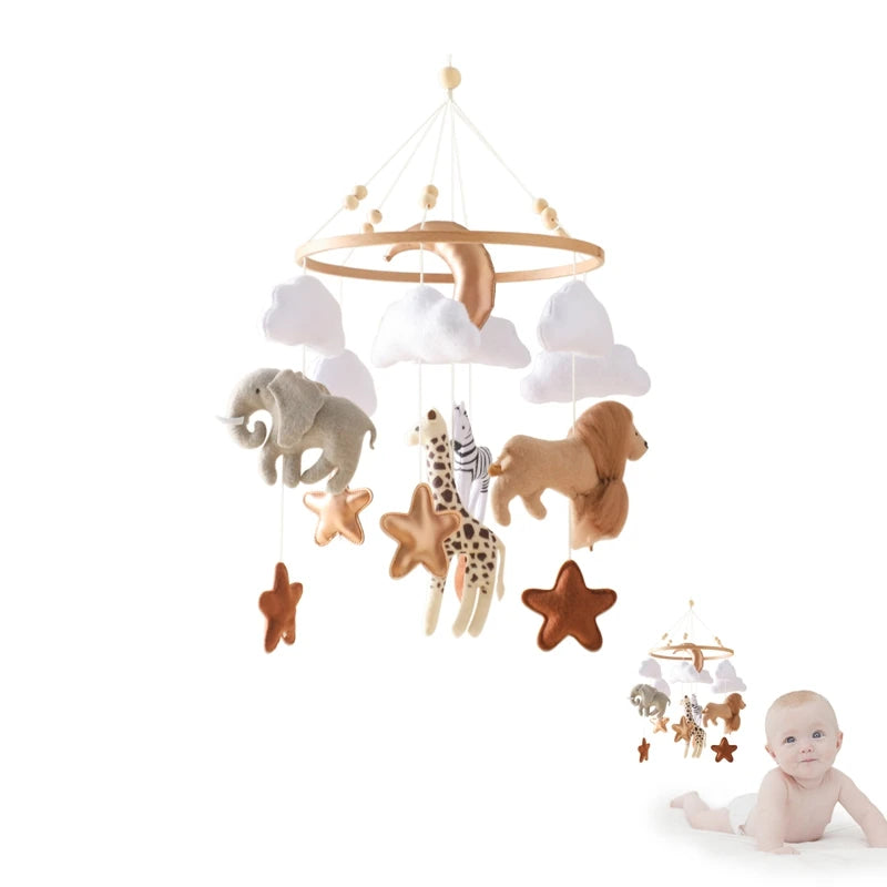 Crib Mobile Bed Bell Wooden Baby Rattles Soft Felt Cartoon Animal Newborn Music Box