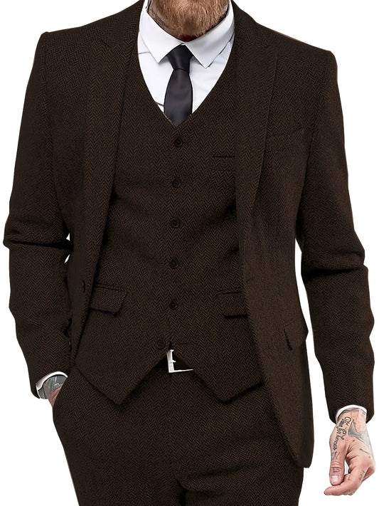 Elegant Men's Suit 3pcs Tweed Herringbone Wedding Suit Prom Tuxedos (Blazer+vest+Pants)