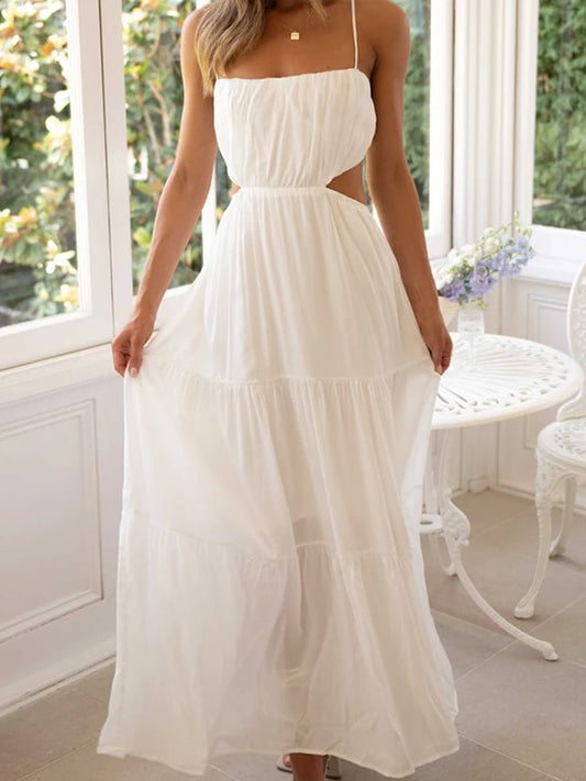 Elegant Sleeveless Maxi Dress with V-Neckline and Ruched Waist Detail for Women