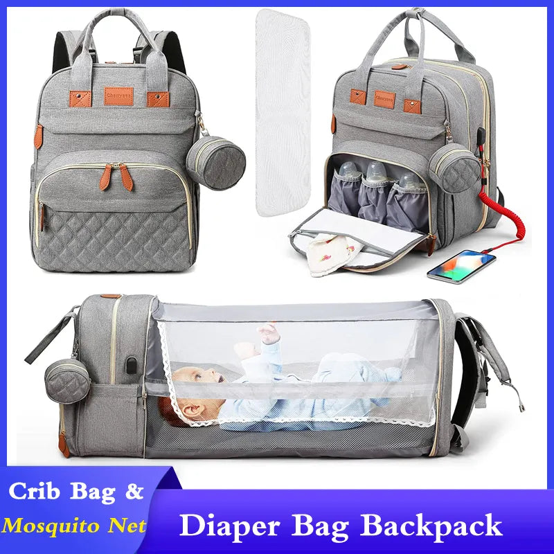 3 In 1 Diaper Bag Backpack Foldable Baby Bed Waterproof  USB Charge Diaper Bag Backpack