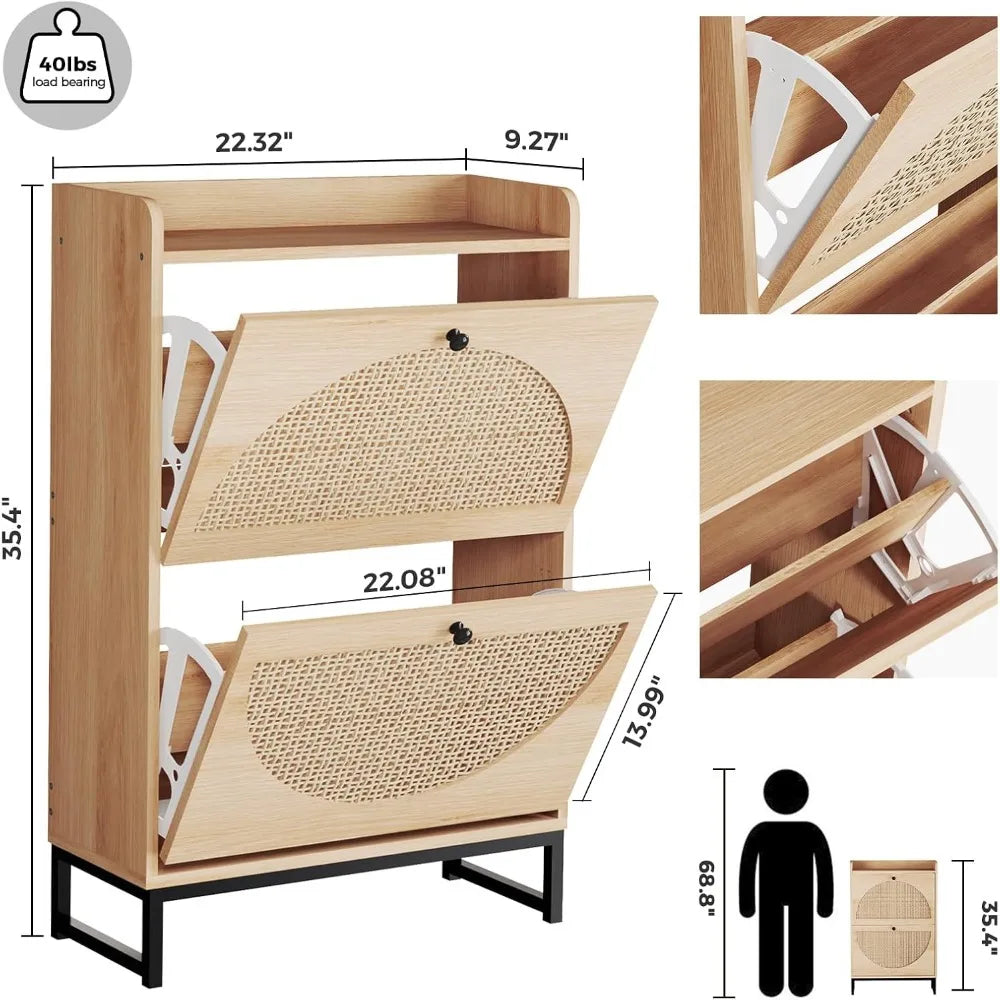 Shoe Cabinet with 2 Handmade Natural Rattan Flip Drawers, Entryway Shoe Rack Storage