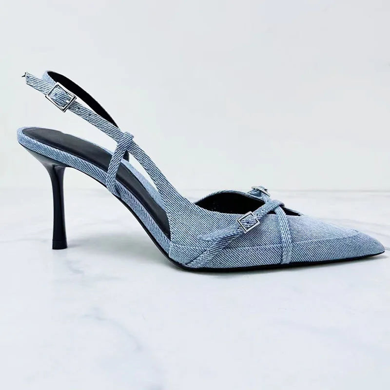 Designer Women Sandals Pointed Toe Thin High Heel Buckle Strap Denim Mules