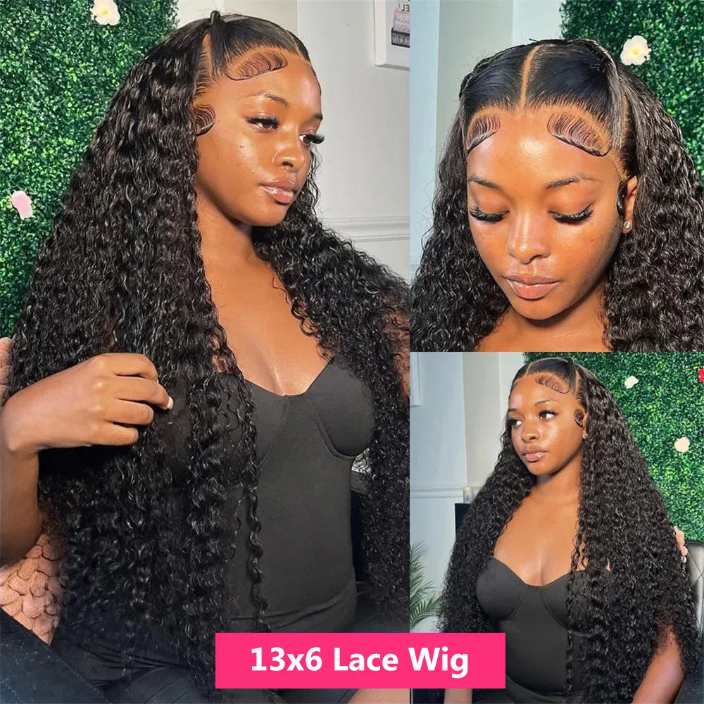 Deep Wave Frontal Wig Human Hair Brazilian Curly 13x6 Lace Front 180% Density