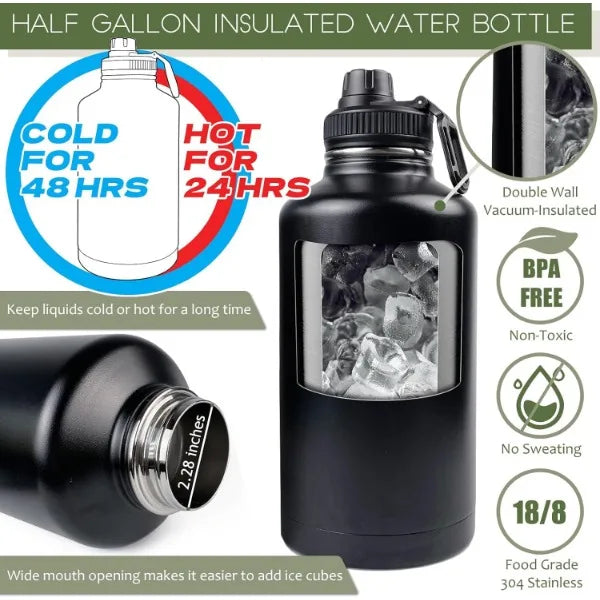 64 Oz Insulated Water Bottle Stainless Steel - Half Gallon with Sleeve Strap and Handle