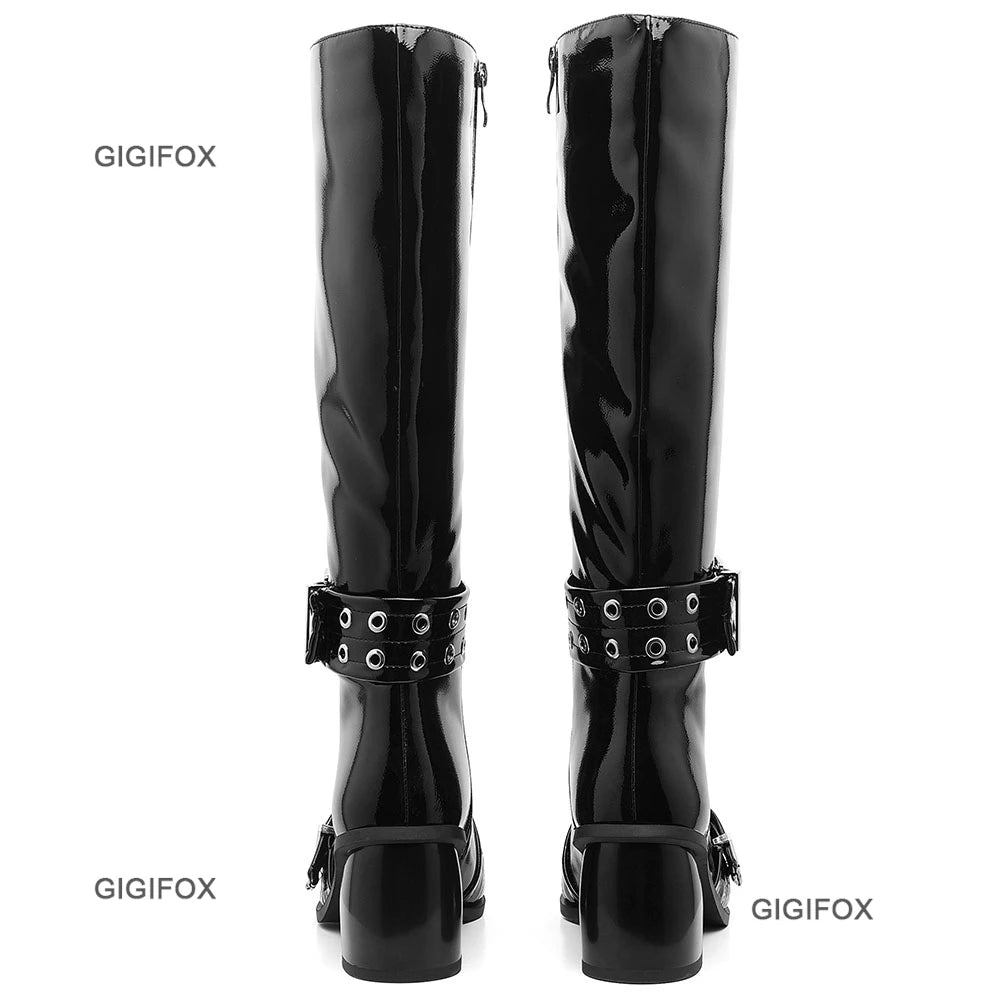 Pointed Toe Women Zipper Knee-high Boots Chunky High Heel Patent Leather Metal Buckle