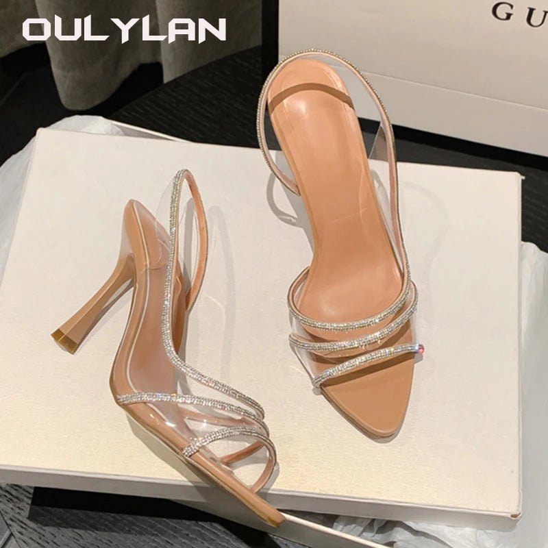 Oulylan Women Pumps Sandals Summer Slingback High Heels Rhinestones Elegant Pointed Toe