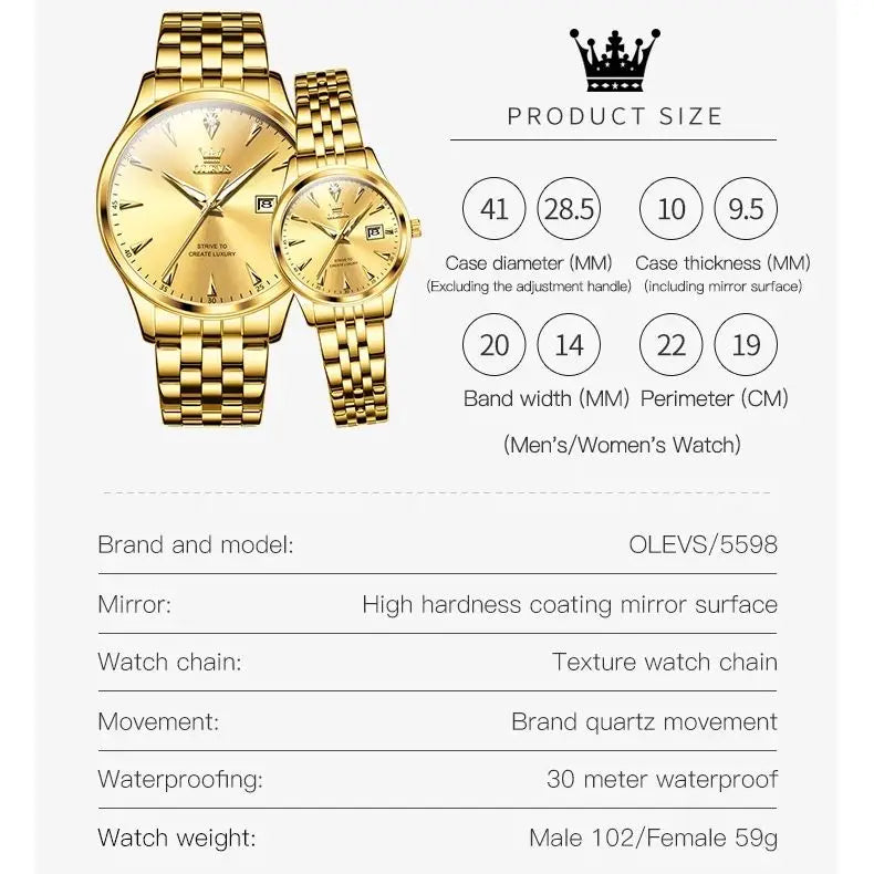 Luxury Couple Quartz Watch Elegant Women's Stainless Steel Waterproof Luminous