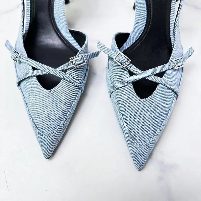 Designer Women Sandals Pointed Toe Thin High Heel Buckle Strap Denim Mules