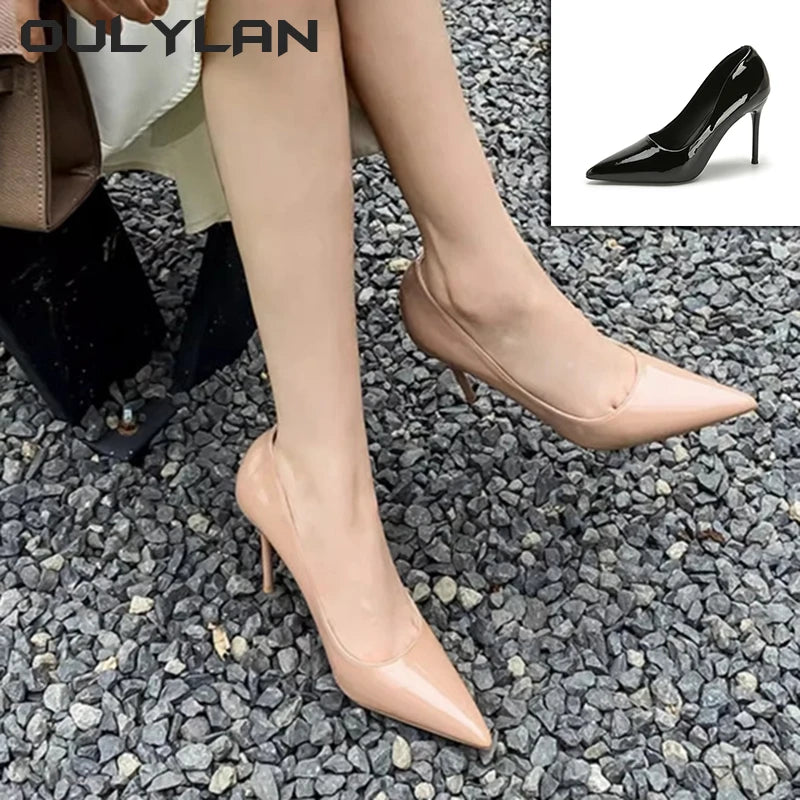 High Heels Sandals Women Autumn Fashion Pointed Toe Slim Heels Black Patent Leather