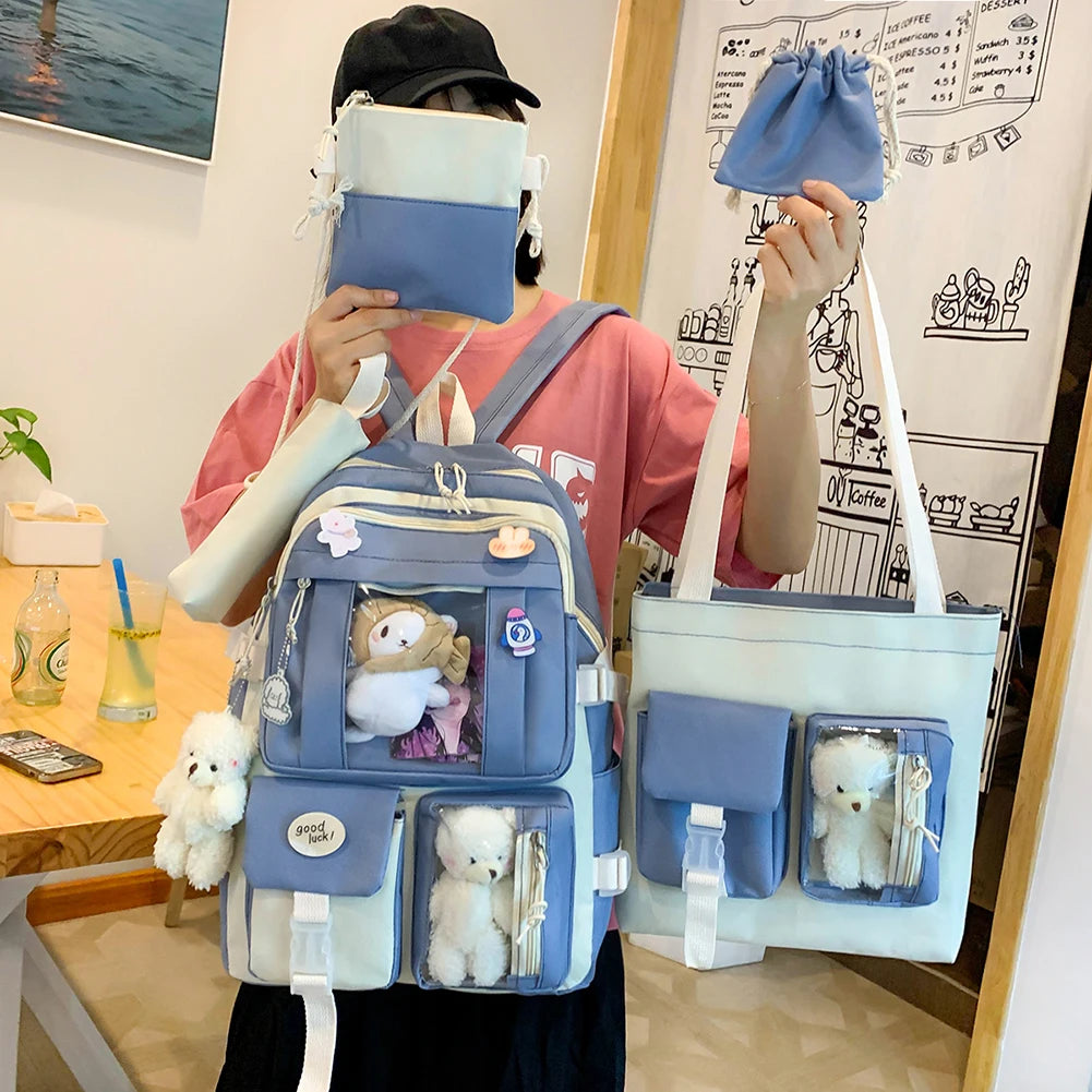 5pcs Sets Canvas Schoolbags For Teenage Kawaii Girls Women's Backpack Canvas College