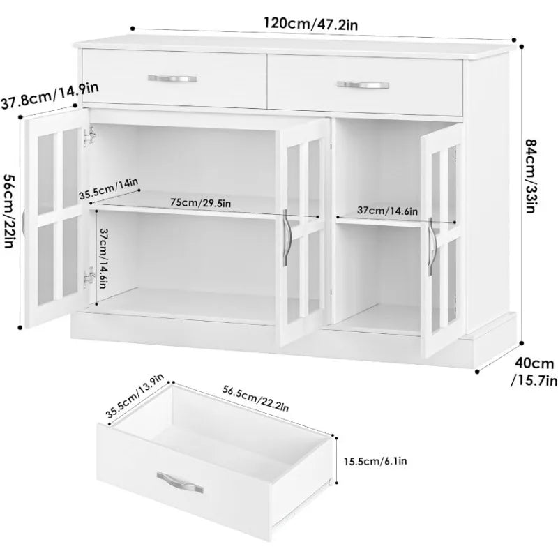 Buffet Cabinet with Glass Doors and 2 Storage Drawers & Shelves